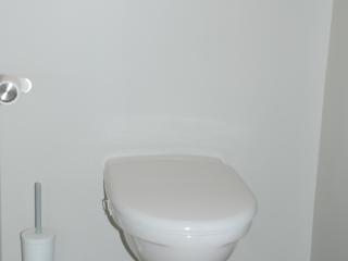 Un toilette suspendu installé dans une pièce épurée